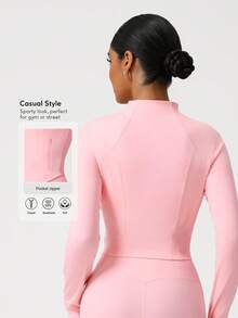 Sodalemon 女士训练上衣 指孔全拉链 带侧拉链口袋 长袖瑜伽健身弹力运动夹克
