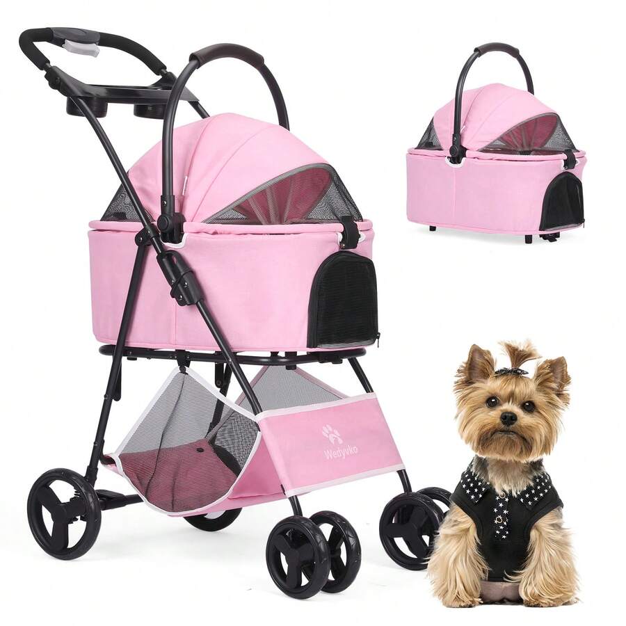 Wedyvko Foldable Dog And Cat Stroller – Lightweight Transport Cart For Dogs And Cats Up To 20 Kg | 3-In-1: Carrying Bag, Car Seat, And Stroller | Breathable Mesh, Cup Holder, And Storage Space | Ideal For Travel, City, Vet Visits, And Outdoor Use - 淺粉色 - 查看 1