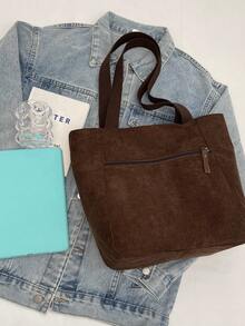 Túi đeo vai tối giản cho nữ, Túi tote vải nhung kẻ, Túi xách nữ có thể gấp gọn dung tích lớn, Túi mua sắm thời trang, Ba lô học sinh - màu nâu - Xem 7