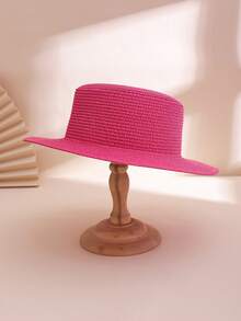 1pc Women's Solid Color Flat Top Small Brim Sun Hat, Simple & Versatile Straw Hat Suitable For Beach Vacation Photoshoots - Solid Color - View 26