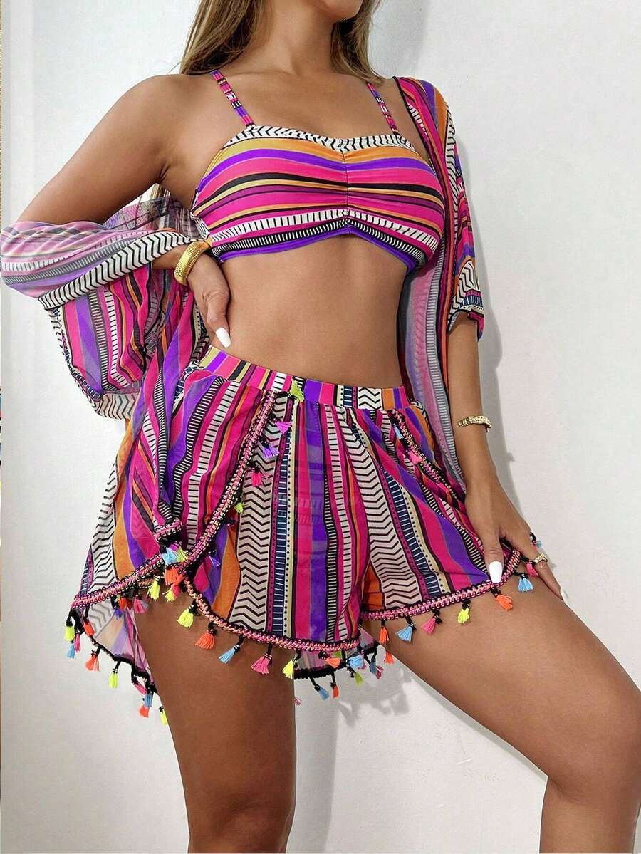 4 Pieces Fashion Geometric Print Ruffle Bikini Swimsuit Set, Bikini Swimsuit Set With Fringe Shorts And Multicolor Cover Up, Summer Beach Carnival, Women's Boho Chic Bikini Set - 紫色 - 查看 1