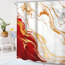 Abstract Marble Ombre Shower Curtain, 66x72 Inch,  Modern Aesthetic Luxury Texture Golden Crack Neutral Bathroom Decor With Hooks - B-紅 - 查看 3
