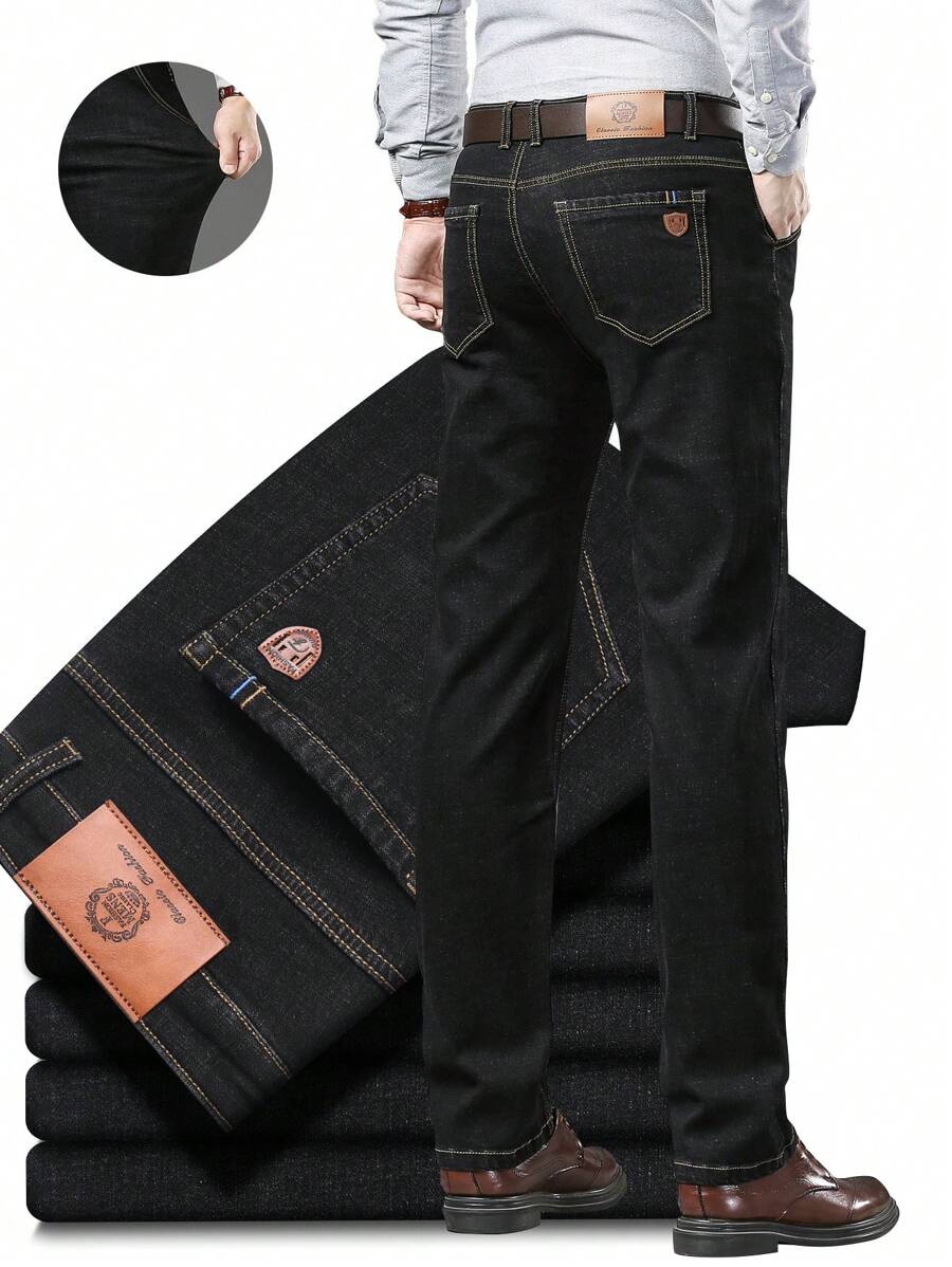 Men's Stretch Slim Straight Leg Business Casual Jeans, Slant Pocket Design, Versatile For Daily Wear - Black - View 1