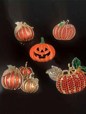 Halloween Pumpkin Festival Gift Brooch, Rhinestone Embellished Red Gold Pumpkin Brooch