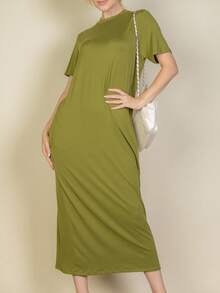 Women's Solid Color Casual Basic Side Pocket Tee Dress For Summer - Cành ô liu - Xem 5