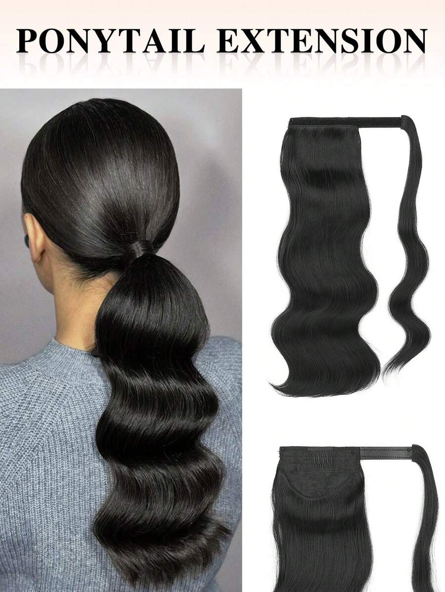 nimoki 18 Inch Heatproof Wavy Synthetic Fiber Ponytail Extension With Hook And Loop, For Everyday Wear, Wrap-Around Ponytail Wig (Natural Black)