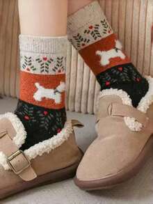1 Pair/5 Pairs Women's New Autumn/Winter Vintage Japanese Fair Isle Warm Thick Fuzzy Cartoon Cute Puppy Pattern Mid-Calf Socks - Multicolor - View 7