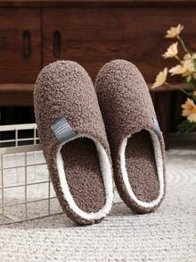 男士软底简约薄底轻便白色/黑色时尚室内家居拖鞋，蓬松温暖拖鞋，优雅学院风，适合秋冬季 - 咖啡棕 - 查看 2