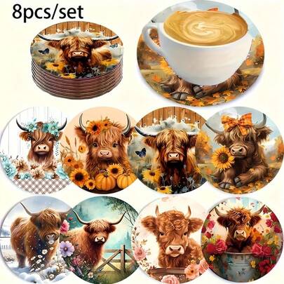 Set Of 8, Highland Cow & Seasons Farm Drink Coasters - Wooden Round, Non-Slip Tabletop Decoration For Coffee Shops, Bars, Farms, Homes, Great For Birthday Gifts, Fall Gifts, Fall Decorations, Table Decorations, Kitchen Decorations, Kitchen Accessories, Choose From Set Of 1, Set Of 2, Or Set Of 23,Coaster Set,Coasters Drink Coasters,Coaster For Cup At Home