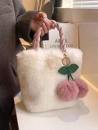 Women's Plush Cherry Bag New Plush Faux Leather Tote Bag - Detachable Pink Chain Shoulder Strap & Green Cherry Decoration, Magnetic Clasp Design, Versatile Casual And Formal Dual Use, Soft Texture Fashion Accessories, Durable Material, Bucket-Shaped Handbag, A Must-Have For Fashion Lovers, New Arrival Fur Bag For Women