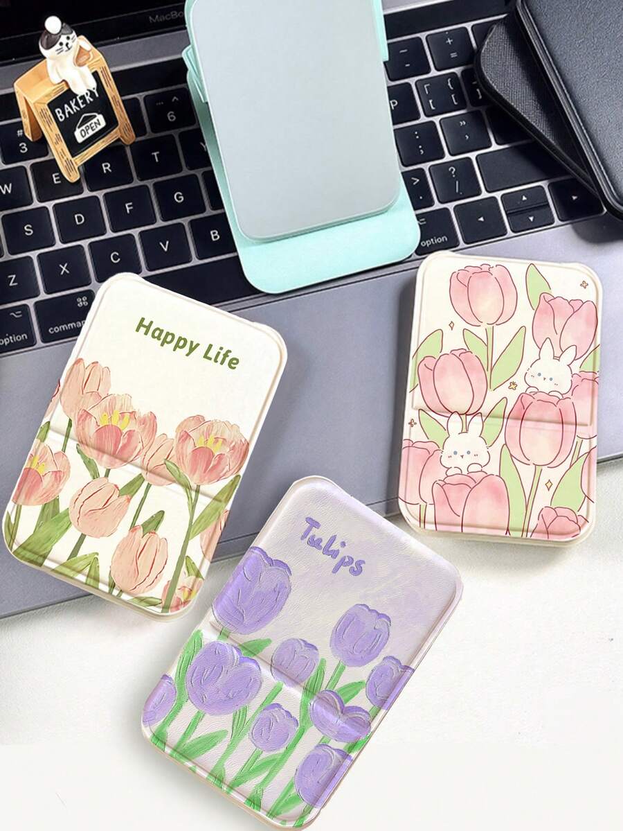 1/2pcs Tulip Folding Makeup Mirror, Adjustable Mini Desktop Mirror, Ins Style Tulip Flower Handheld Mirror, Pocket Mirror, Travel Portable Mirror, Birthday/Holiday Gift For Female Friends,Giveaways,Travel,Cheap Stuff,Travel Essential - Multicolor - View 1