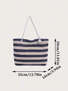 New Large Capacity Woven Stripe Straw Bag Beach Style Weaved Basket Tote For Women With Shoulder Strap Color Block Woven Straw Bag For Women, Large Capacity, Perfect For Vacation Beach & Daily Shopping, Vacation Essentials, Perfectly Matching With Beach Accessories Women - Blue - View 11