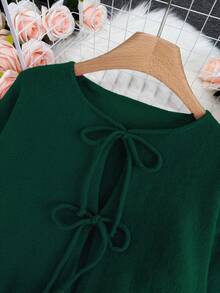 [Tops] Cárdigan de manga larga con nudo delantero de unicolor, minimalista, para usar en la oficina, vintage, simple, estilo francés, cárdigan de punto de unicolor con nudo delantero para mujer, se puede usar sobre blusas, cárdigan oversize y lindo - Verde Oscuro - Ver 6