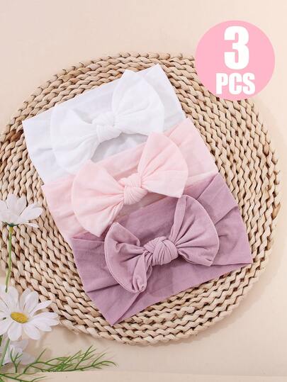Set de 3 diademas de nailon de unicolor con decoración de lazo para bebé, accesorios para el cabello elásticos y suaves para la piel del bebé