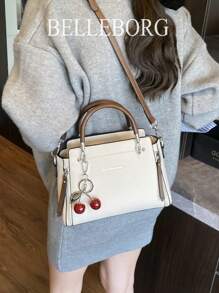 BELLEBORG Lychee Texture Zipper Decor Women Handbag With Pendant - Beige - View 8