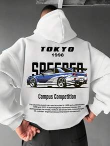 Sudadera con capucha de terciopelo para hombres, estampado de coches de otoño e invierno, sudadera deportiva versátil y casual suelta con capucha - Blanco - Ver 1