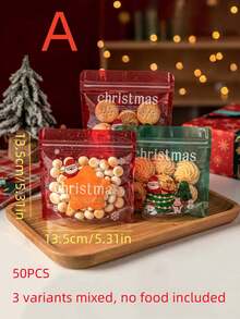 50pcs Christmas Cookie Packaging Bags, Self-Sealing Cookies, Candies, Snowflake Cakes, Snacks, Small Individual Gift Boxes, Frosted Cookies, Lollipops, Chocolate Cookies, Snowflake Cakes Food Packaging Bags, Zipper Seal, Reusable, Cranberry, Small Cookies Baking Bags