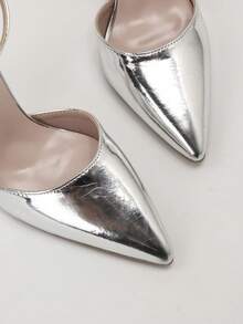 2025秋冬季女士镂空尖头露跟高跟凉鞋，性感，女士高跟鞋，优雅，派对装扮 - 銀色 - 查看 4