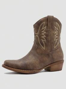 GLOBALWIN Square Toe Cowboy Boots For Women Western Boots With Low Heel Ankle Boots Cow Girls Outfits Women Fall Winter Spring Boots - 棕色 - 查看 4