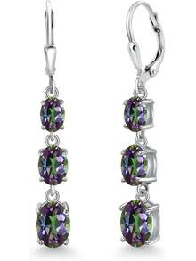Gem Stone King 3-Stone Leverback Drop Dangle Earrings Women |   925 Sterling Silver |   Gemstone Birthstone |   Oval 8X6MM 7X5MM And 6X4MM |   Fine Jewelry Gifts Her Mom Women Wife - 綠色神秘黃玉 - 查看 1