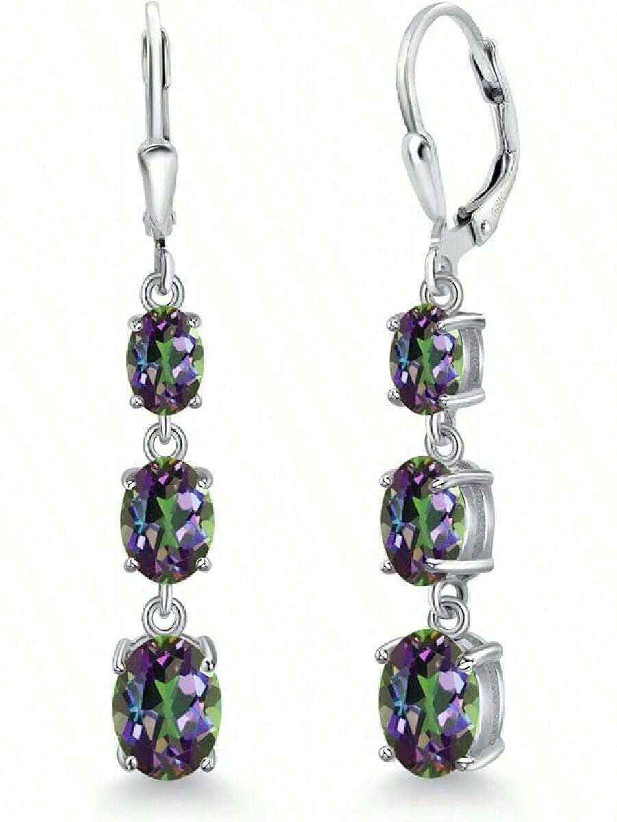 Gem Stone King 3-Stone Leverback Drop Dangle Earrings Women | 925 Sterling Silver | Gemstone Birthstone | Oval 8X6MM 7X5MM And 6X4MM | Fine Jewelry Gifts Her Mom Women Wife - 綠色神秘黃玉 - 查看 1