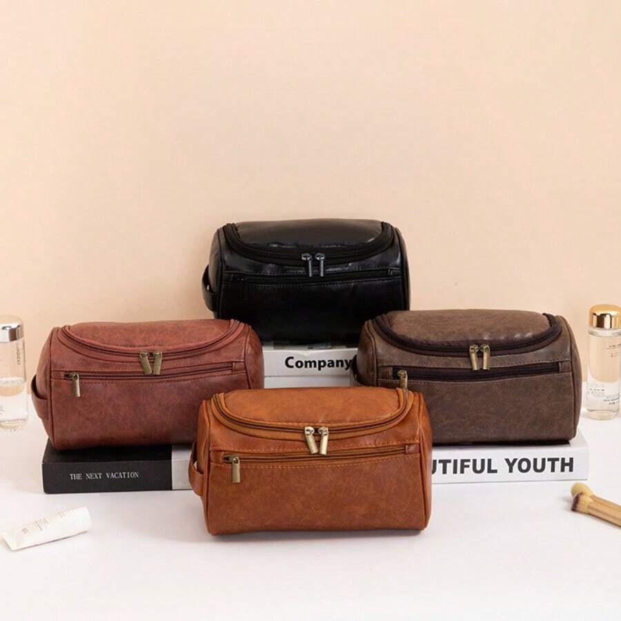 1 pieza Bolsa de aseo de viaje de negocios para hombres, bolsa de almacenamiento de aseo impermeable de cuero, organizador de cosméticos portátil, estuche para kit de afeitado, accesorio de baño colgante, estilo vintage, diseño de lujo, regalo perfecto para novio, esposo, padre, pareja - Marrón - Ver 1