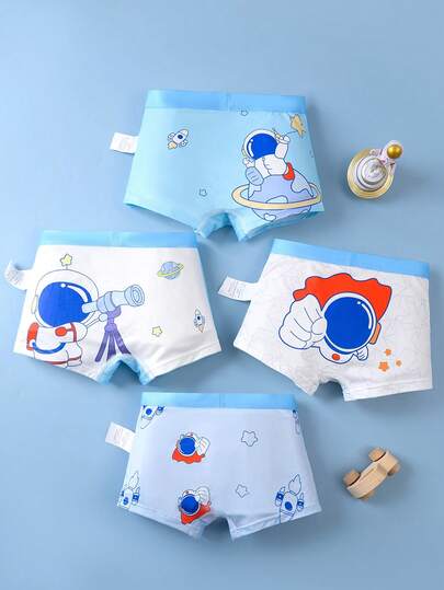 4 piezas de calzoncillos tipo bóxer suaves y transpirables con estampado de planetas y astronautas de dibujos animados para niños, ropa interior cómoda para niños pequeños, niños y niños mayores