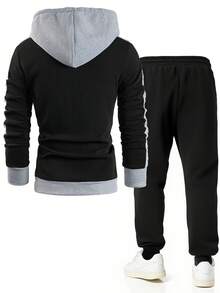 Conjunto de Moletom Casual com Calça e Blusão de Forro Polar com Contraste de Cores para Homens, Outono/Inverno - Preto - Visão 2