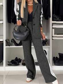 Bộ đồ nữ cỡ lớn gồm áo blazer dài tay cổ ve áo kẻ sọc và quần dài, kiểu dáng thường ngày, thích hợp cho mùa thu và mùa xuân. - Màu xám đen - Xem 5