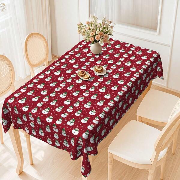 1pc Snowman & Snowflake Digital Print Tablecloth, Rectangular Durable Polyester Fabric, Suitable For Home, Kitchen, Garden, Holiday Parties, Weddings, Restaurants And Banquets, Christmas Decor