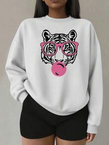 1件少女休闲印花圆领卫衣，加厚长袖套头衫，适合学生，秋冬季 - 眼镜老虎印花卫衣，适合想要脱颖而出的动物爱好者 - 白色 - 查看 9