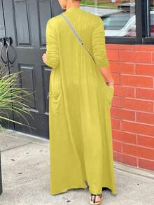 EARO 加大码女式休闲纯色双口袋长款轻薄前开襟夹克，舒适日常穿着，透气，修身剪裁，春秋季 - 黃色 - 查看 8