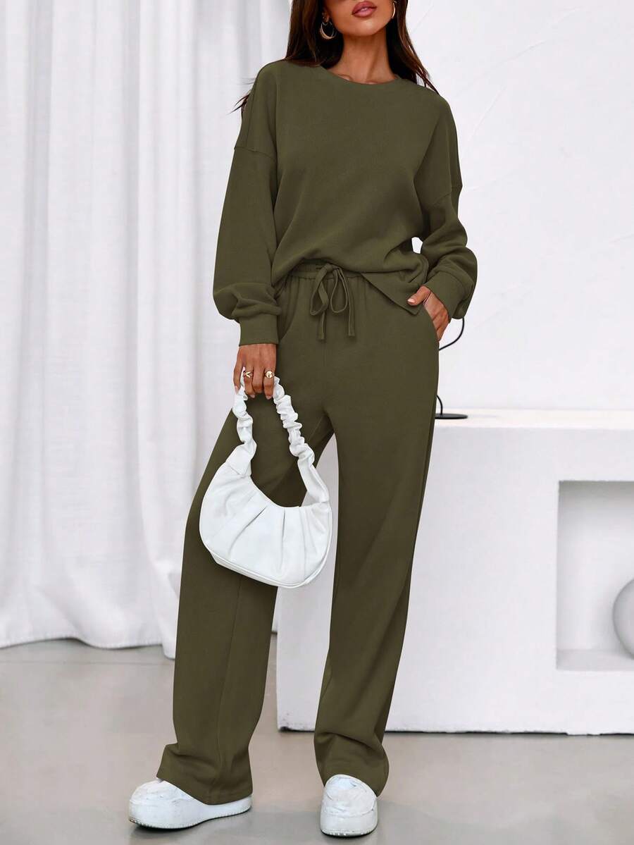 Women's Two-Piece Suit, Sports Suit, Loose Sweatshirt, Sports Pants, Autumn Fashion Casual Matching Suit. - 軍綠色 - 查看 1