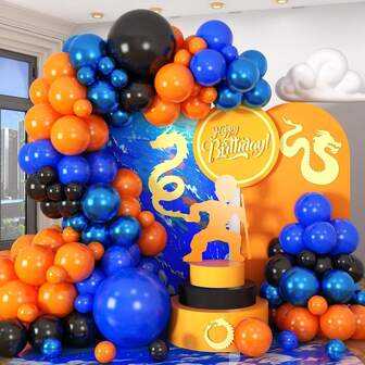 114pcs Orange Blue Black Balloons Garland Arch Kit Royal Navy Blue Black Orange Latex Helium Balloon For Anime Cartoon Baby Shower Birthday Graduation Engagement Party Decorations Supplies