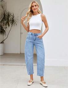 LookbookStore High Waisted Wide Leg Baggy Barrel Jeans Denim Jean Pantshalloween - 路夜藍 - 查看 8