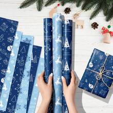 12pcs Christmas Gift Wrapping Paper - Navy Blue With White Reindeer & Snowflake Pattern, High-Quality Holiday Wrapping Paper, Suitable For Party Decoration And Gift Box Packaging, Thick Material, Ideal For Crafters Christmas Christmas Decorations Christmas Pajamas Christmas Gifts Christmas Decor