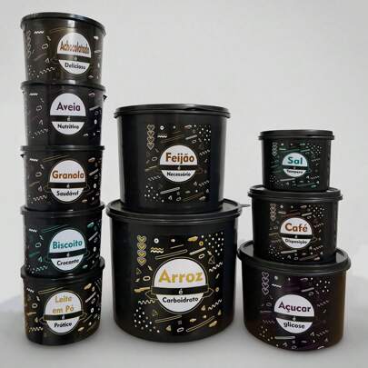 Kit de 10 Potes , Mantimento com condimentos, Armazenamentos de Alimentos potes hermeticos preto, jogo de potes redondos