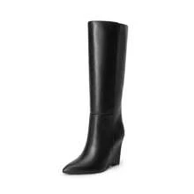 Women's Wedge Heel Knee High Boots Pointed Toe Side Zip Tall Boots Solid Color Retro Fashion Y2k Boots For Autumn/Winter