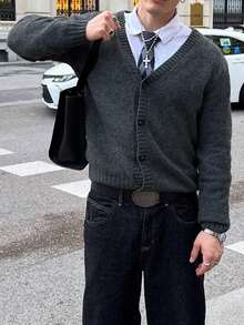 ANDREILEE 男士休闲宽松纯色复古风商务通勤百搭V领纽扣罗纹长袖开衫毛衣，秋冬款 - 灰色 - 查看 4