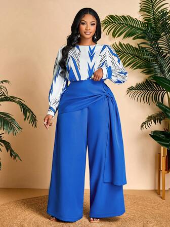 BIUBIU Plusstorleks set med trendigt randigt tryck och veckade byxor i vida ben för kvinnor. Minimalistisk design, lämplig för arbetskläder, vår, höst och vinter. Även lämplig för dagliga utflykter, dejter, jul, fester, nyår och andra tillfällen.