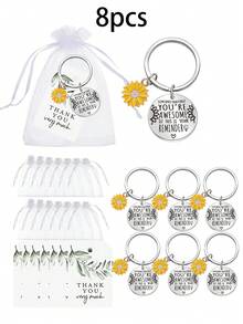 1pc/8pcs/16pcs/24pcs Inspirational Sunflower You're Awesome Key Chain Gift Set,Inspirational Sunflower Keychain Gifts,With Stainless Steel Key Chain,Green Leaf Thank You Card, White Organza Gift Bag - Multicolor - View 13