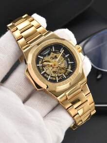 LONGLUX 1pc Men's Hollow Automatic Mechanical Watch With Butterfly Buckle Steel Band, Business Watch - Vàng - Xem 2