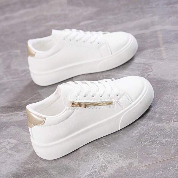 Women's New Metallic Classic Side Zipper Casual Shoes, Fashion Versatile Lace-Up Platform Sneakers, Thick Sole Increase Height, Suitable For Sports, Students, Running, Hiking, Skateboarding