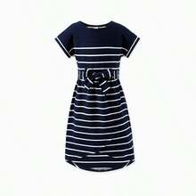PatPat Navy Blue Striped Matching Family Outfits Cotton Stripe Casual Summer T-Shirt & Short-Sleeve Belted Dress For Mom, Dad, Kids & Baby Classic Nautical Family Look - 藍色 - 查看 3