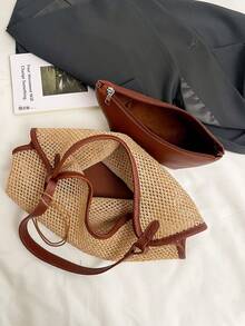 Minimalist Fashion Woven Bag, Large Capacity Vintage Beach Bag, Contrast Color Tote - Brown - View 3