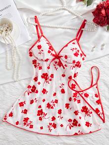 2 pièces Robe de lingerie sexy en maille à imprimé floral floqué rouge avec culotte tanga, douce, mignonne, élégante