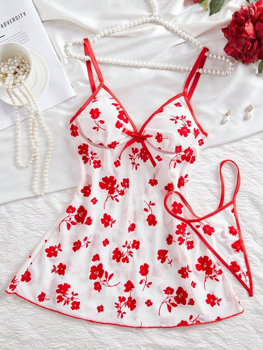 2 pièces Robe de lingerie sexy en maille à imprimé floral floqué rouge avec culotte tanga, douce, mignonne, élégante