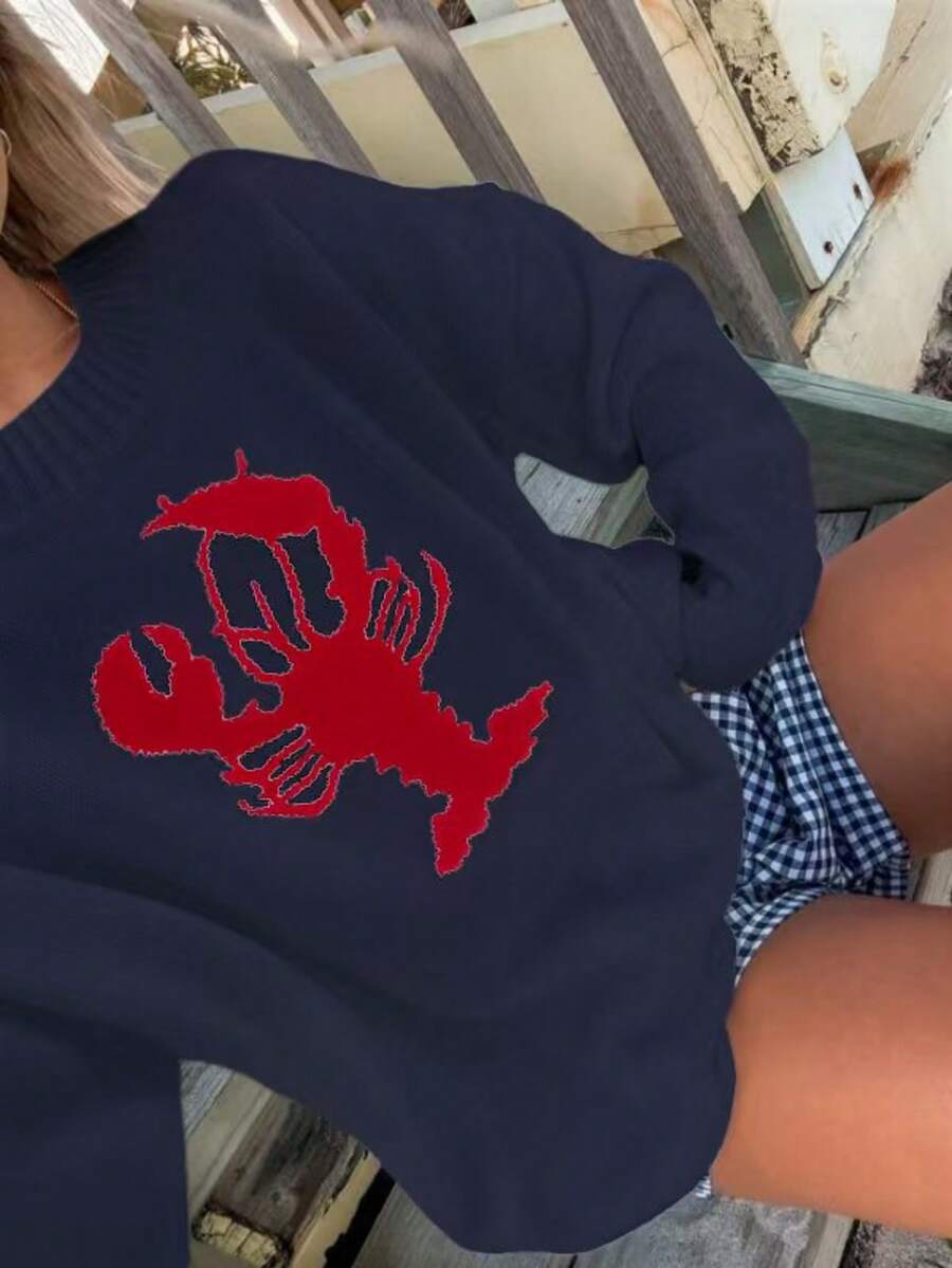 2025秋冬新款女装时尚休闲复古撞色龙虾提花针织套头图案毛衣，女装动物印花基本款上衣，外出上衣，秋季女装，圣诞服装，韩版风格 - 藏蓝色 - 查看 1