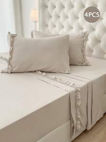 Set de cearșafuri de pat cu 4 bucăți, culoare solidă, decorațiuni cu margini volane, set de lenjerie de pat moale, confortabil și respirabil, cearșafuri de lenjerie de vară de lux pentru hotel, pentru pat twin, Queen King, 2 fețe de pernă, 1 cearșaf plat și 1 cearșaf cu elastic, decor cameră, cadou ideal. Pentru lenjerie de pat pentru casă și articole esențiale pentru cămin școlar.