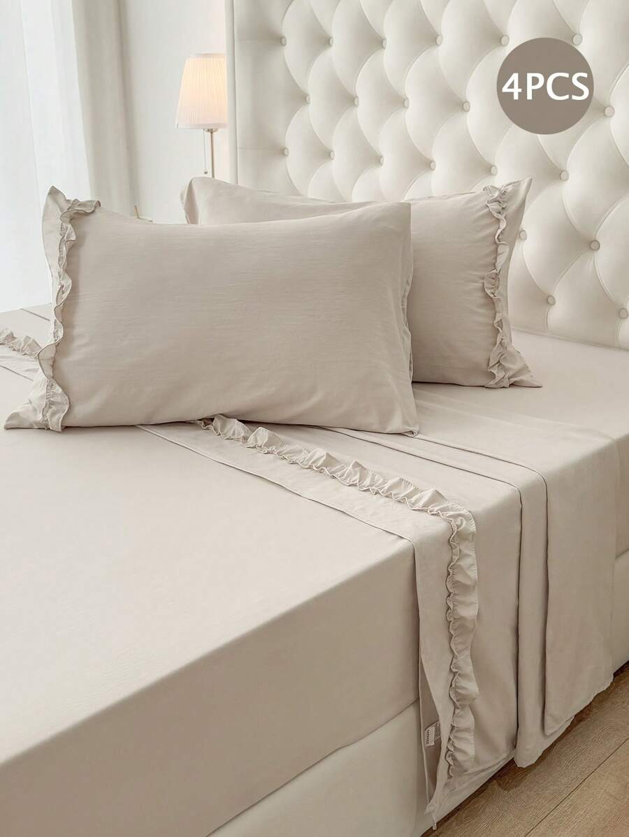 Set de cearșafuri de pat cu 4 bucăți, culoare solidă, decorațiuni cu margini volane, set de lenjerie de pat moale, confortabil și respirabil, cearșafuri de lenjerie de vară de lux pentru hotel, pentru pat twin, Queen King, 2 fețe de pernă, 1 cearșaf plat și 1 cearșaf cu elastic, decor cameră, cadou ideal. Pentru lenjerie de pat pentru casă și articole esențiale pentru cămin școlar.